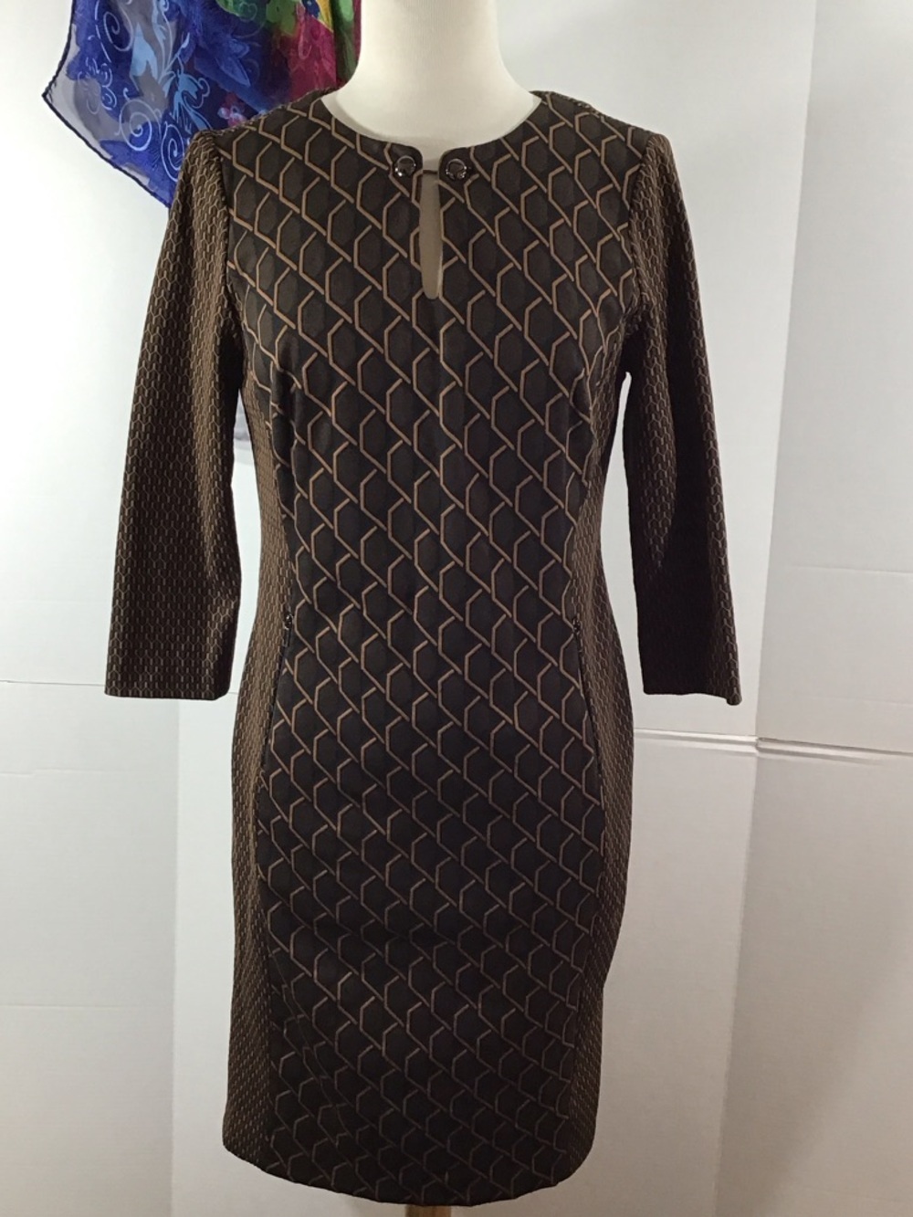 Etcetera Brown Geometric Long-Sleeve Sheath Dress 6